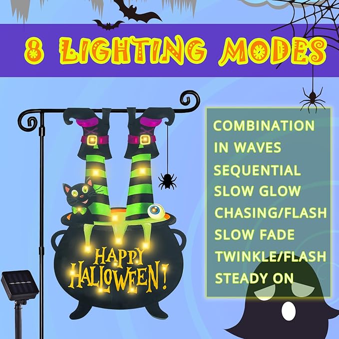 Halloween Lighted Garden Flag for Outside, Witch Feet Shape Flag Yard Decor, 8 Modes 12x18 Double Sided Cauldron Eyeball Black Cat Outdoor Hlloween Decorations for Home Porch（Warm White-12x18）