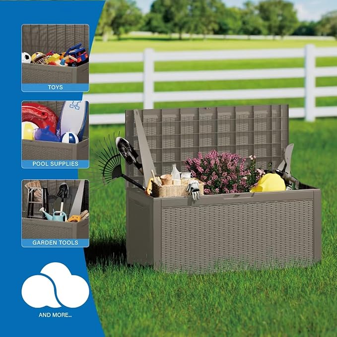 100 Gallon Waterproof Large Resin Deck Box Indoor/Outdoor Lockable Storage Container and Seating for Garden, Pool, and Patio (100 Gallon, Grey)