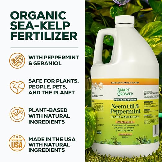 Neem Oil Spray for Plants with Peppermint Oil, Natural Plant Wash Made for Indoor and Outdoor Plants Smart Grower 128oz Gallon Refill Ready to Use Spray