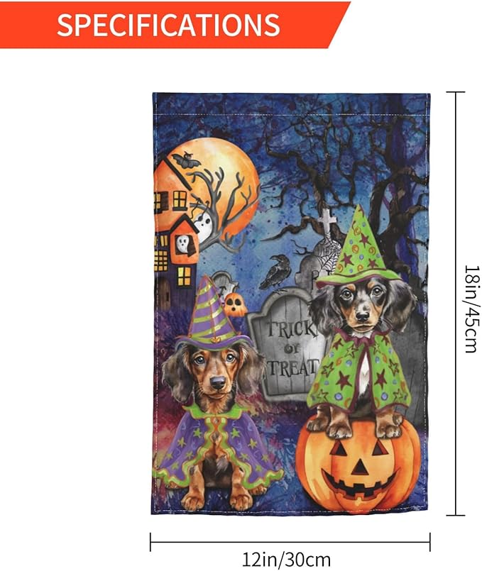 Dachshund Dog Halloween Tombstone Scary Pumpkin Garden Flag Welcome Party Outdoor Outside Decorations Picks Home House Garden Yard Decor 12x18 Inch