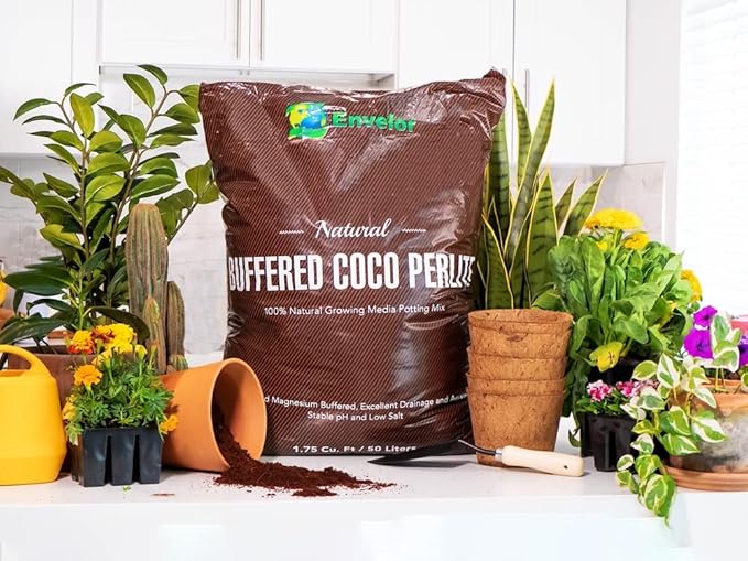 Potting Soil Mix 50 Liter Bag Envelor Indoor Plants Soil for Outdoor Plants 1.75 Cubic Feet Potting Mix Hydrated Coco Coir Perlite Mix Buffered Ready to Use Natural Plant Top Soil