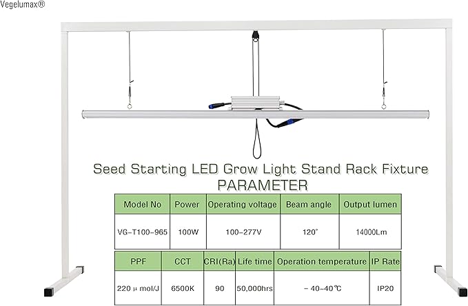 LED Grow Light Lamp Stand for Plant Seedling Germination Vege Flower Growth,Full Spectrum CRI 90+ White Light CCT 6500K,Isolated Dimming Power with On/Off Switch,Height Adjustable,100W,4FT