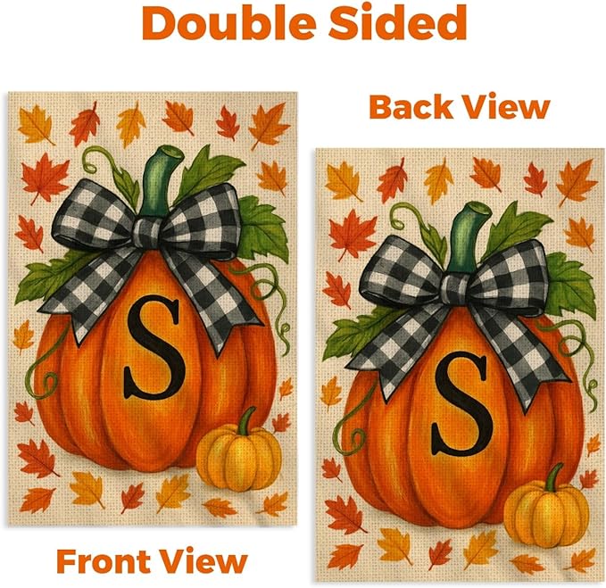 Fall Garden Flags 12x18 Double Sided – Pumpkin Monogram Garden Flag S – Fall Yard Flags for Outside Burlap, Weatherproof & Fade Resistant, Farmhouse Outdoor Décor
