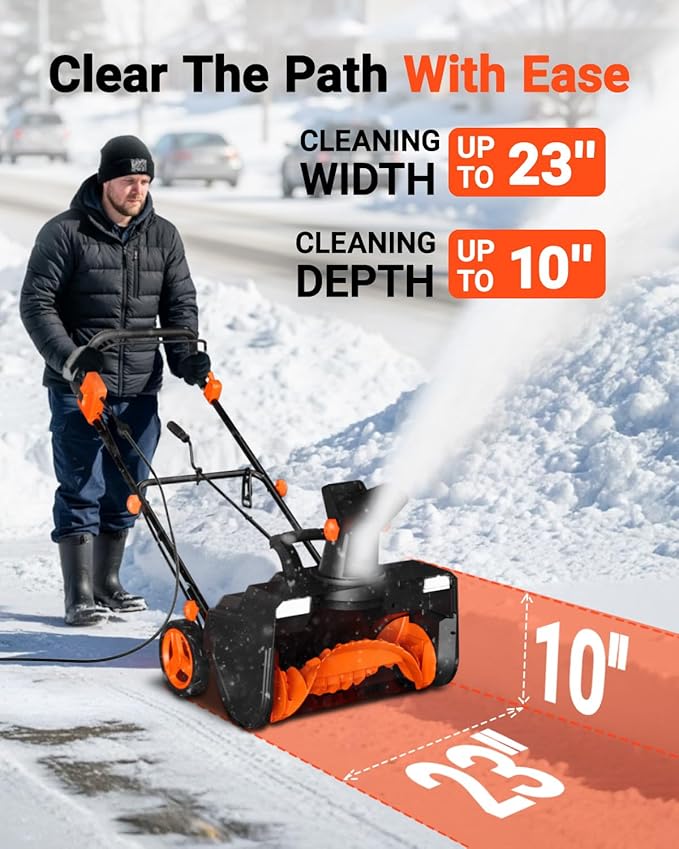 VOLTASK 23-Inch Electric Corded Snow Blower with Dual LED Light, 180-degree Adjustable Chute Walk-Behind Snow Blower with 25ft Throwing Distance, 15 Amp/3500RPM Motor Electric Snow Blowers