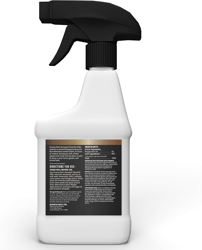 Granny Dee’s Silverfish Killer Indoor & Outdoor (Made in USA) - Kills Pests in 24 Hrs - Plant-Based Bug Killer with Peppermint Oil - Safe for Pets & Kids - Targets Earwigs, Ants, Insect, Fly & Spider