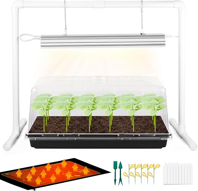 Seed Starter Tray with Grow Light and Heat Mat, 8'' Humidity Dome, 1020 Plant Starter Trays Seed Starter Kit, Grow Light Stand for Seed Starting & Seedling Growing, Height Adjustable
