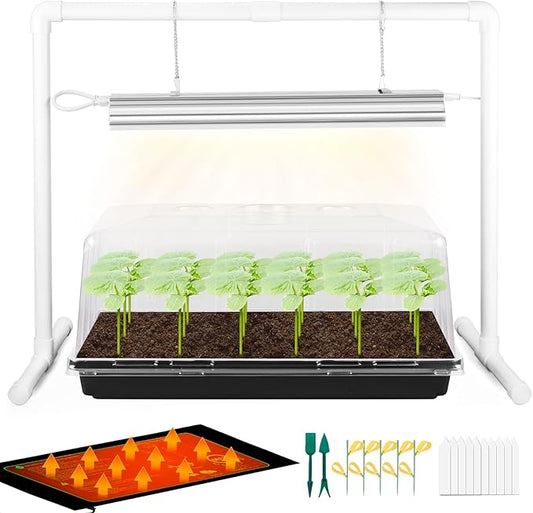 Seed Starter Tray with Grow Light and Heat Mat, 8'' Humidity Dome, 1020 Plant Starter Trays Seed Starter Kit, Grow Light Stand for Seed Starting & Seedling Growing, Height Adjustable