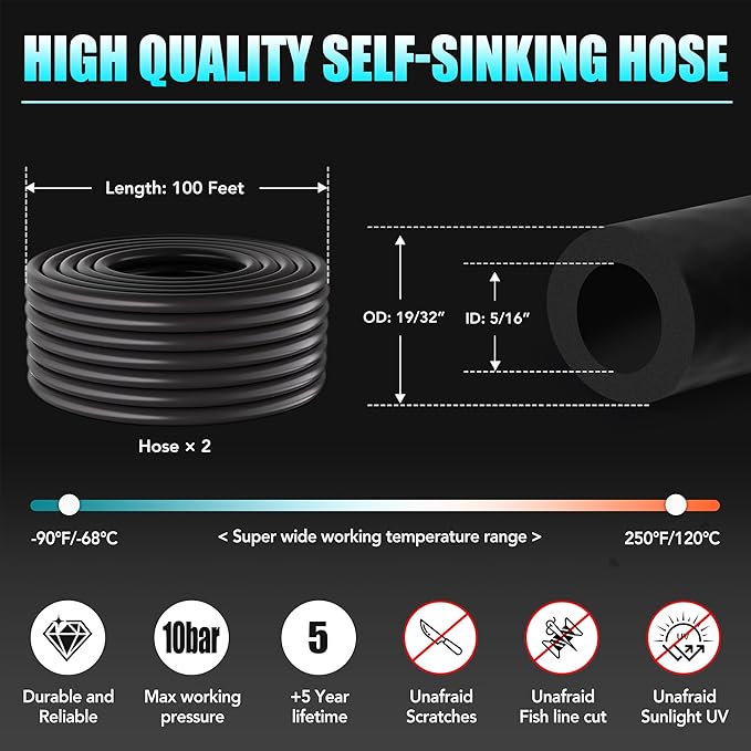 HQUA PAS20 Pond & Lake Aeration System for Up to 3 Acre, 3/4 HP Compressor + Two 100' Weighted Tubing + 2 Diffusers