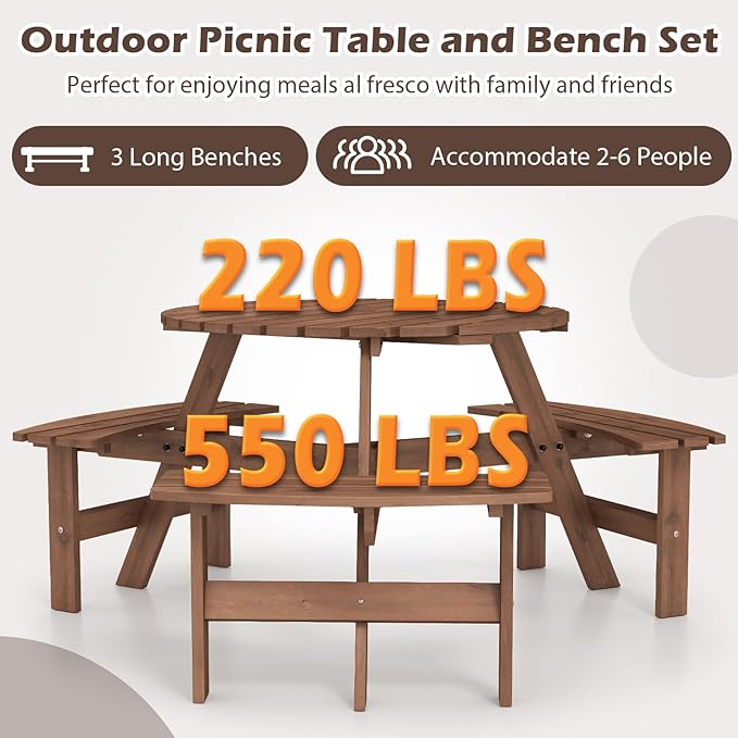 Giantex 6-Person Round Picnic Table Set with 3 Benches, 550 LBS Bench Capacity, 2" Umbrella Hole, Circular Outdoor Wood Dining Table & Chairs for Patio Yard Garden Porch Deck (68”x62”x28”,Brown)