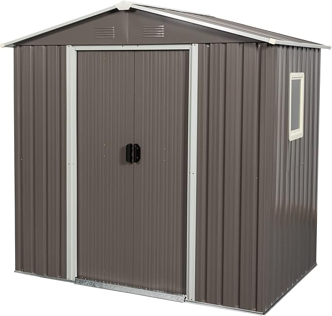 6x5 FT Outdoor Storage Shed, Metal Garden Shed with Frame Floor, Outside Tool Shed with Window, Waterproof Storage Building with Lockable Sliding Doors & Sloped Roof for Backyard, Patio, Warm Gray