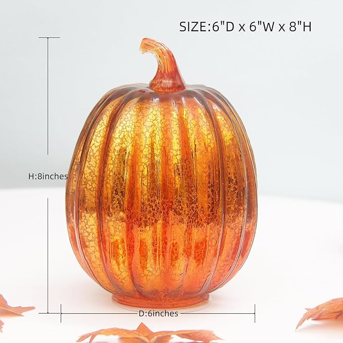 Mercury Glass Pumpkin Lights with Timer, Battery Operated Led Pumpkin Lights for Halloween Fall,Thanksgiving Rustic Decor (Gold Common, 8")