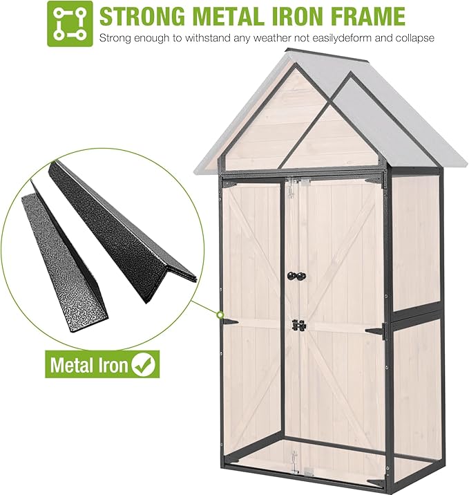 GUTINNEEN Shed Outdoor Storage Upgraded with Durable Metal Frame Garden Shed Tool Storage Cabinet with Wooden Floor Adjustable Shelfs 2.5 x 1.4FT （Brown）