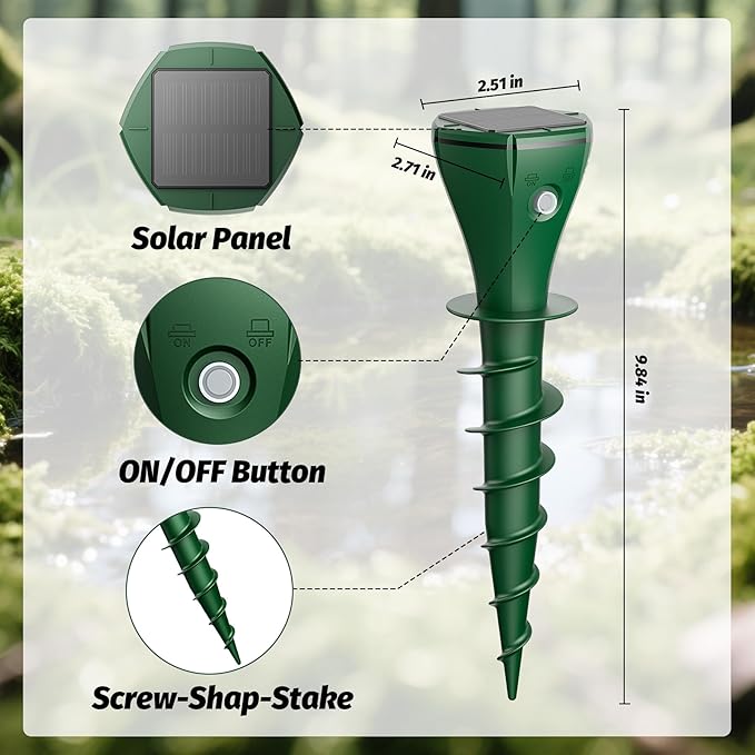 Mole Repeller for Lawns，Solar Powered Vole Repellent Ultrasonic Pest Control Stake, Waterproof Sonic Pulse Deterrent for Gopher Vole Snake in Lawn, Garden & Yard