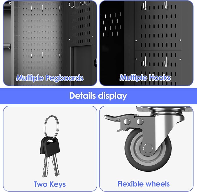 61.7" H Metal Garage Storage Cabinet with Wheels and Hanging Rod,Broom Closet Storage Cabinet with Pegboard and 4 Adjustable Shelves with 120LBS for Garage Home Office School,Required Assembly,Black