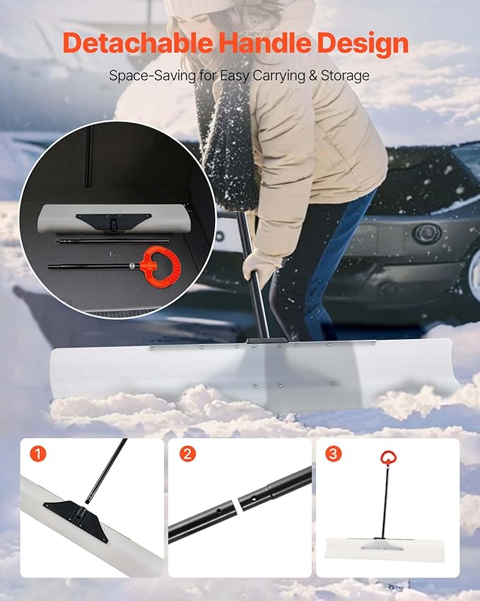 VEVOR Snow Pusher, 48 inch Wide Push Snow Shovel Plow for Driveway, Sidewalks and Doorways with Segmented Handle, Ergonomic Grip and HDPE Plastic Blade