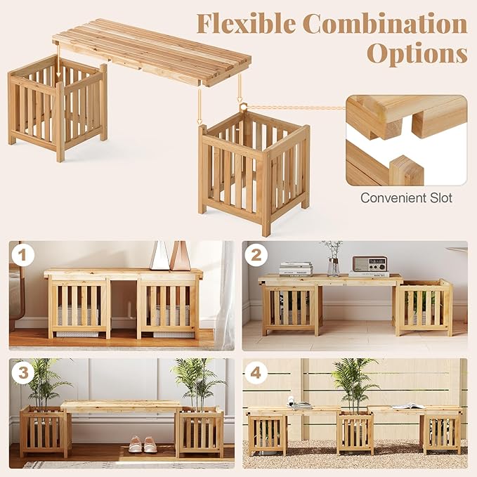 Giantex 2-in-1 Outdoor Bench with 2 Raised Garden Beds, Planter Boxes with Open-Ended Base, Garden Bench Seat for Porch Balcony Lawn Yard, DIY Assembly, Natural