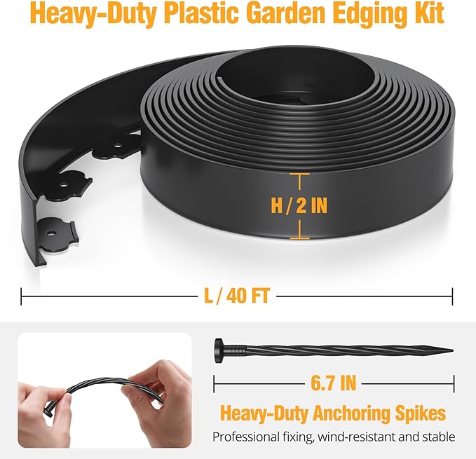 40FT No-Dig Landscape Edging, 2 Inch Tall Heavy Duty Plastic Garden Edging Border with 40 Anchoring Spikes for Lawn, Flower Bed & Decorative Yard (Black)