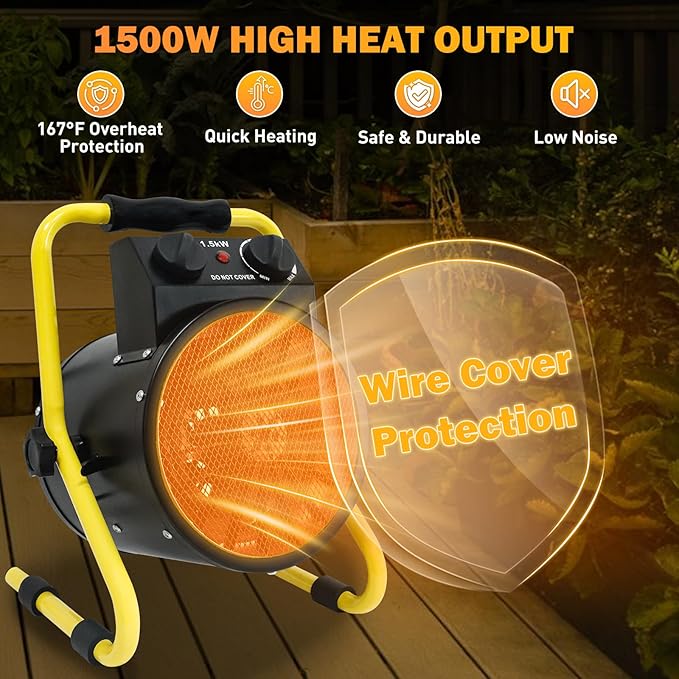 COOS BAY 1500W Portable Electric Space Heater, Outdoor Greenhouse Heater for Grow Tent, Garage, Workshop, Patio, RV – Radiant Heat, Overheat Protection, IPX4 Water Resistant, 1 Pack, Black