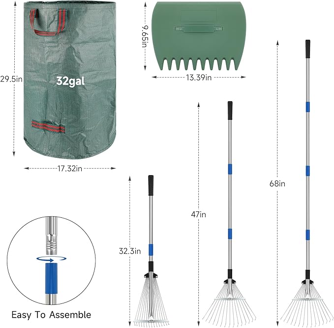 Metal Leaf Rake with Adjustable Handle,SAN LIKE 68 inch Garden Rake Set with 32 Gallon Leaf Bags Leaf Scoops,Heavy Duty Yard Rakes for Gardening Lawns Yard Outdoor Camping