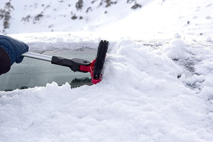 Mallory USA Mini Telescoping 35" Pivoting Dual Head Snow Broom with Squeegee, Integrated Ice Scraper (Red)