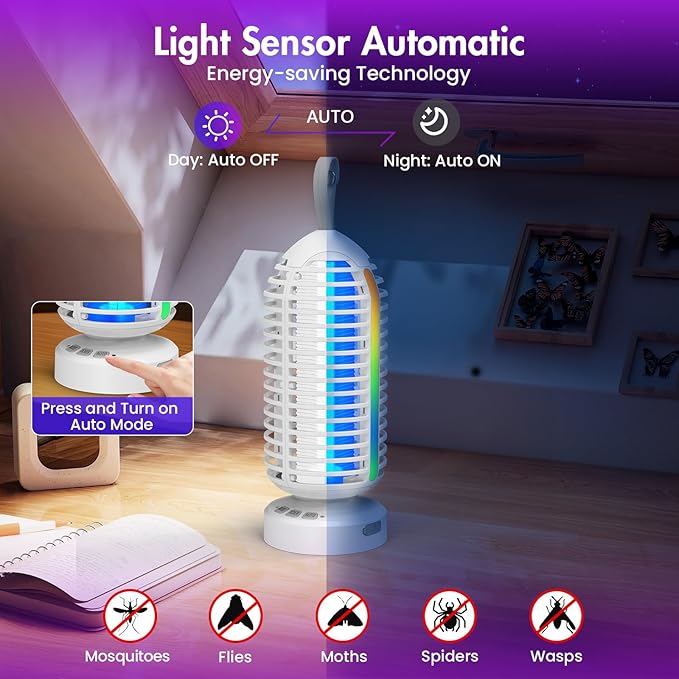 Bug Zapper Outdoor with Colorful Lighting and Auto-Sensing, 3 in 1 Cordless 4000mAh Battery Electric Fly Trap, Rechargeable Mosquito Zapper for Camping, Patios, Garden, Kitchen (2Pack-White)