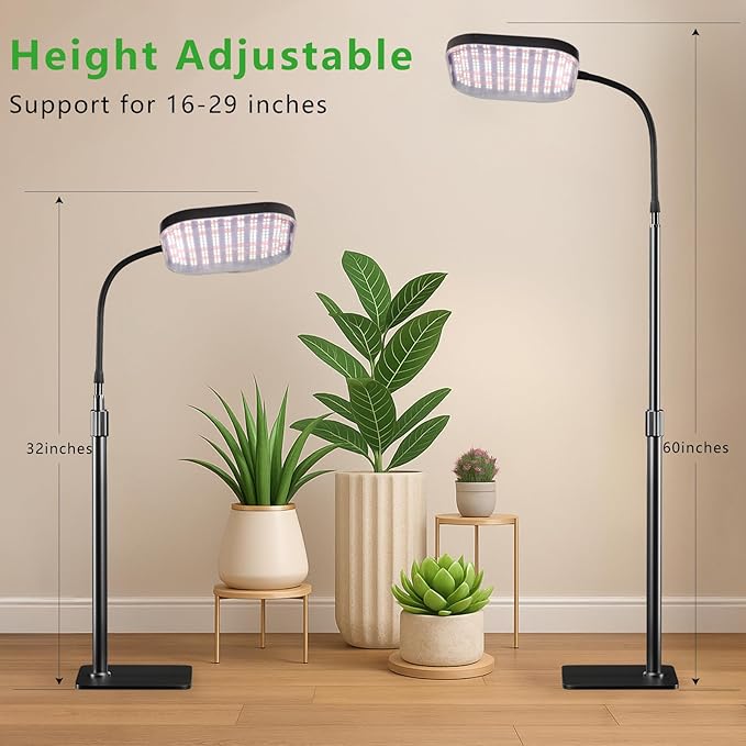 Square Grow Light for Indoor Plants, 336 LEDs 6000K Full Spectrum 12V 3A High Power Floor Plant Light with Stand for Indoor Large Tall Plants Faster Growing, 4/8/12H Timer & Height Adjustable 16-29"