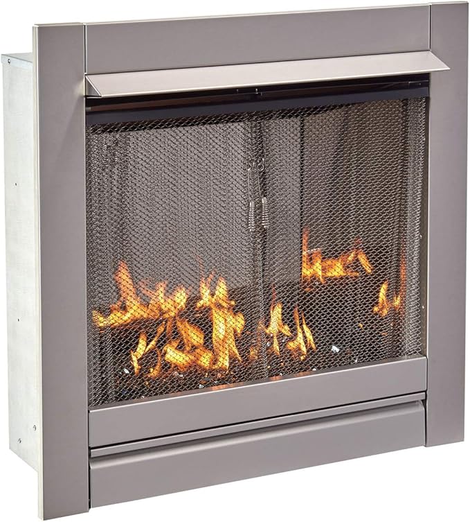 Duluth Forge DF450SS-G-RBLK Vent-Free Stainless Steel Outdoor Gas Fireplace Insert with Black Fire Glass Media, 24,000 BTU