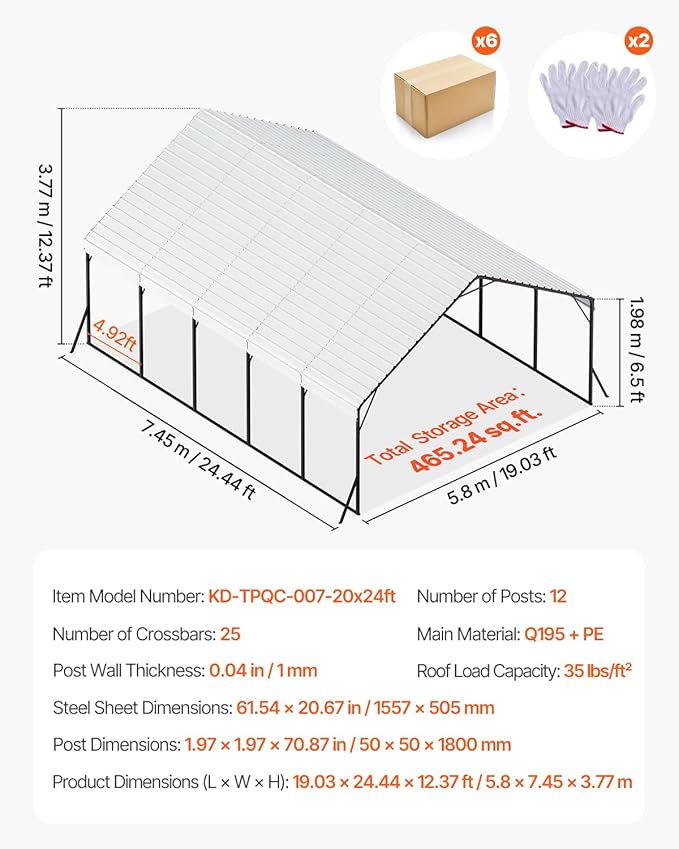 VEVOR 20x24 ft Heavy Duty Metal Carport, Outdoor Car Shelter with Removable PE Sidewalls, Steel Frame Garage for Car, Truck, Boat, Tractor, and Equipment Storage