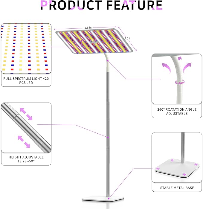 BESTVA 48W Grow Lights for Indoor Plants with Stand, Full Spectrum LED Plant Light for Indoor Plants,12-59 Inches Height Adjustable Growing Lamp with Auto On/Off Timer 4H/8H/12H, 4 Dimmable Brightness