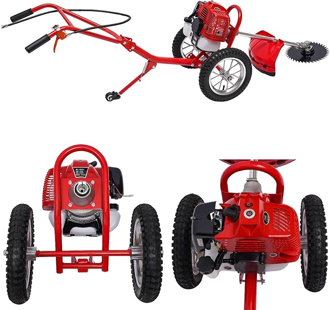 49CC 2 Stroke Walk-Behind Lawn Mower Brush Mower with Wheels 1.8Kw Gasoline Hand Push Grass Trimmer for Orchards Vegetable Fields Gardens Lawns, 3 Functions