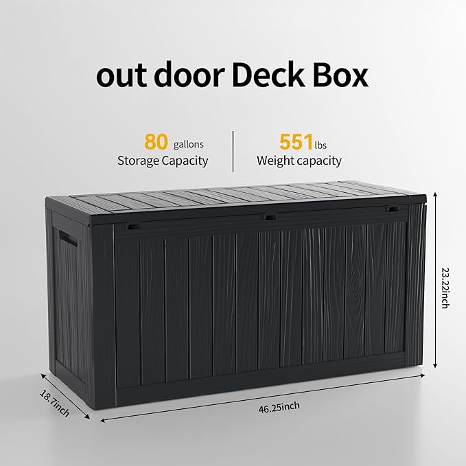 80GAL Black Outdoor Deck Box with Lockable Lid - Waterproof, SGS - Tested UV Resistance, Offers Ample Space for Patio Cushions, Pool Accessories, and Gardening Supplies, Simple Assembly Process