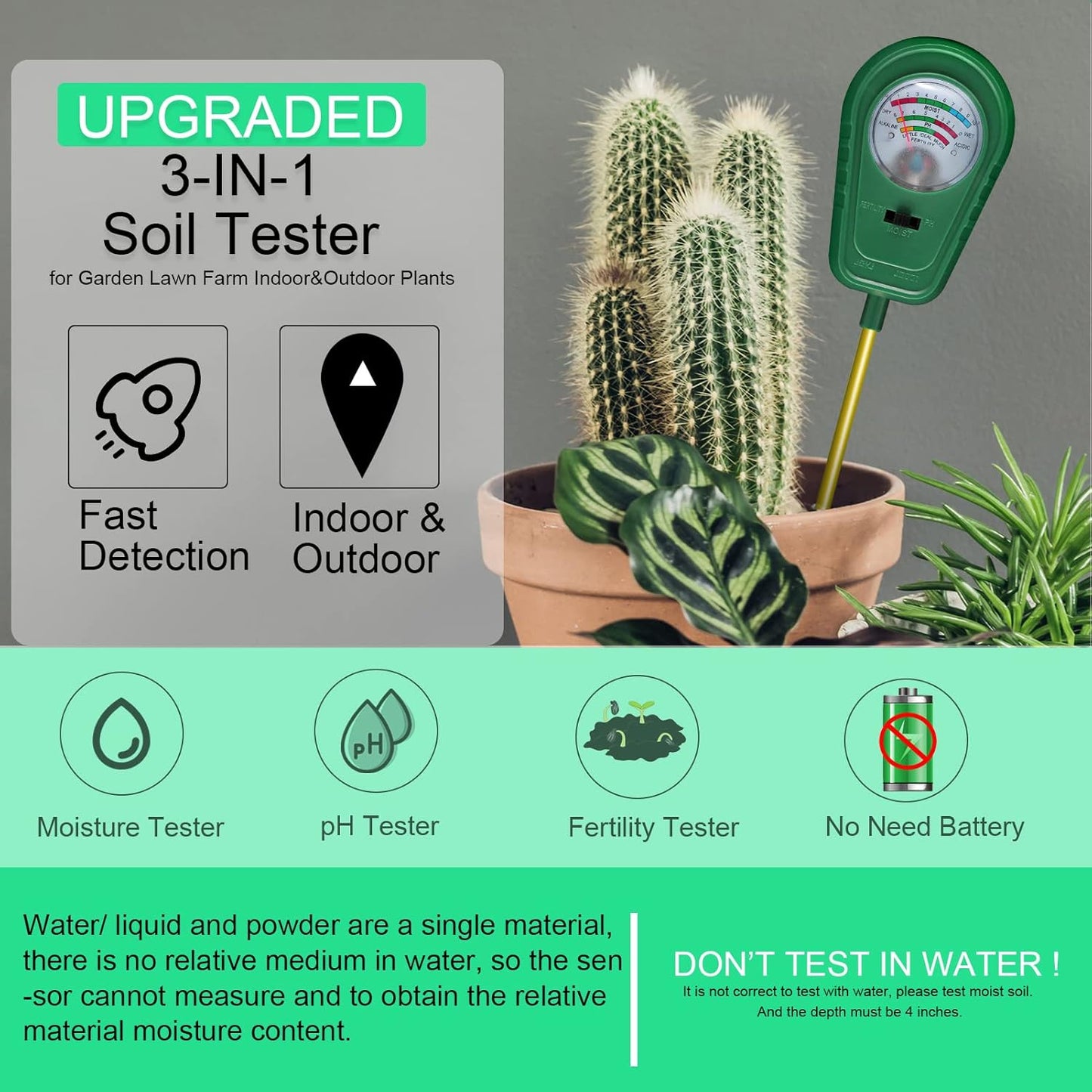 3-in-1 Soil Test Kit, Soil Moisture Meter/Soil ph Meter/Fertility Soil Tester, Soil Hygrometer for Garden, Farm, Plant, Outdoor, Indoor, Lawn Care Moisture Meter for Hous Plants (No Battery Needed)
