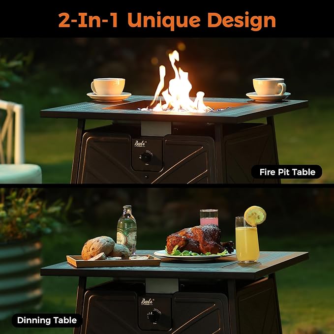 BALI OUTDOORS Gas FirePit Table, 28 inch 50,000 BTU Square Outdoor Propane Fire Pit Table with Lid and Blue Fire Glass