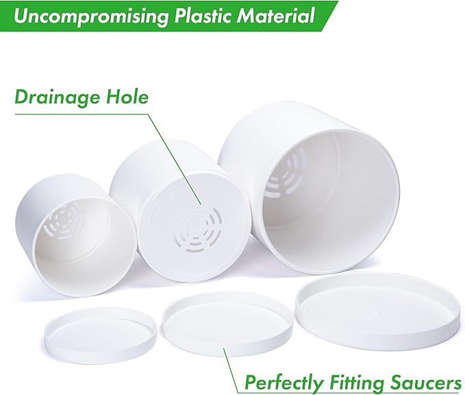 D'vine Dev 6.5 Inch 8 Inch 10 Inch, Set of 3 Plastic Planter Pots for Plants with Drainage Hole and Seamless Saucers, White Color, Large, 74-V-A-4
