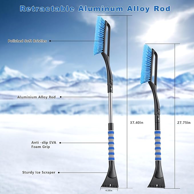 37'' Snow Brush and Ice Scraper for Car Windshield, Aluminum Extendable Snow Removal Tool for Car Window with Foam Grip for SUV Truck Auto Vehicle Winter Accessories - Blue