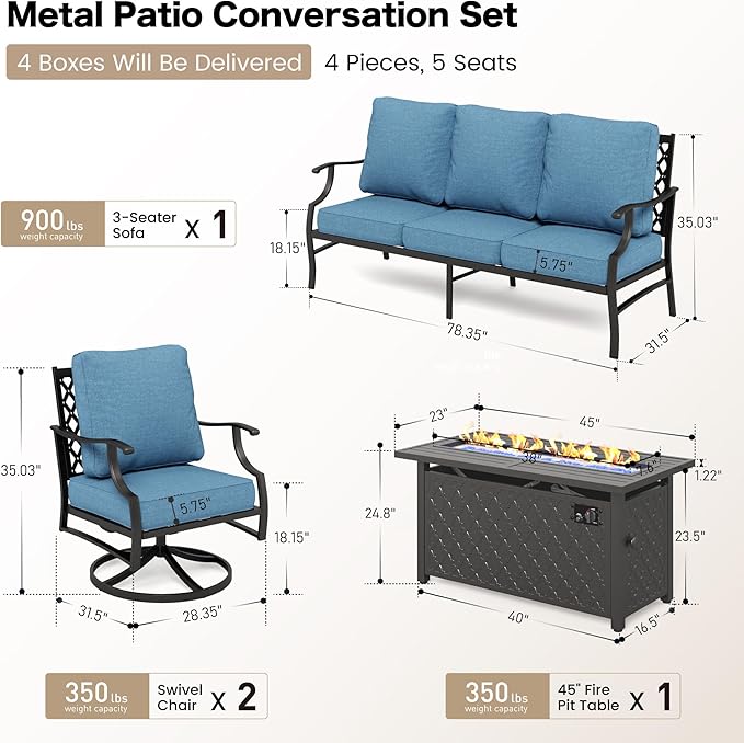 4 Piece Metal Outdoor Patio Furniture Sets with 5000 BTU Firepit Table, Patio Conversation Sets 1 3-seater Sofa, 2 Swivel Chair with 5.75" Thick Cushion, Black Backyard Furniture, Navy