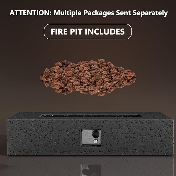 COSIEST 56-inch x 28-inch Outdoor Propane Fire Pit Coffee Table w Concrete Rectangle Base, 50,000 BTU, Free Lava Rocks and RainCover, Fits 20lb Tank Outside, Gray