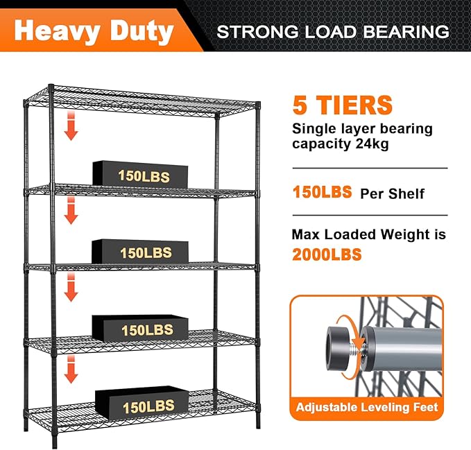 Land Guard 5 Tier Black Storage Racks and Shelving - 48" L x 20" W x 72" H Heavy Steel Material Pantry Shelves - Each Unit Loads 350 Pounds Wire Shelf, Suitable for Warehouses, Closets, Kitchens……