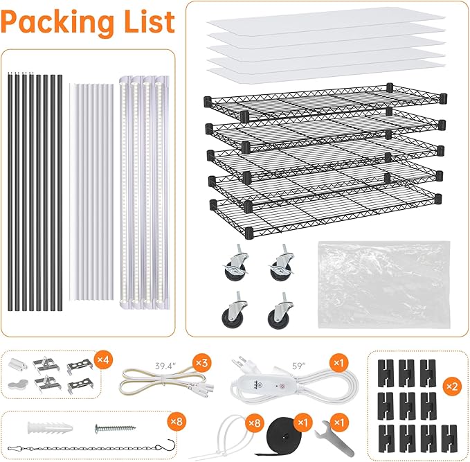 Indoor Greenhouse with Grow Light, Mini Green house with 4 Pack T8 Full Spectrum Plant Lights with Timer, Plant Shelf with Tent for Indoor Plant, Seed Starting, Seed Tray, 29.5"x13.8"x59"