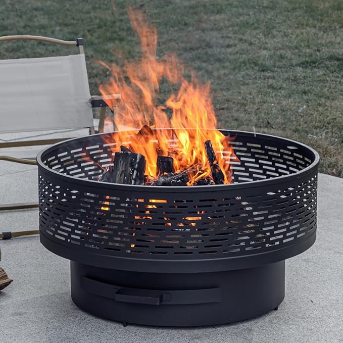 32" Wood Burning Fire Pits with Grill & Lid, Fire Pit Table for Outside with Waterproof Cover & Fire Poker, Outdoor Firepit with Functions for BBQ,Table and Bonfire