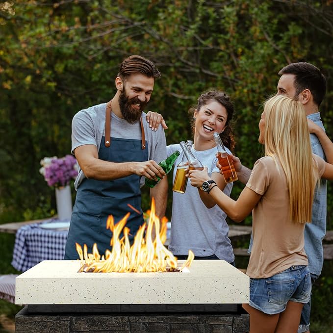 COSIEST 32-inch Outdoor Propane Fire Pit Table, Square Fire Table w Faux Brown Ledgestone, 40,000 BTU Stainless Steel Burner, Free Lava Rocks, Fits 20lb Tank Inside