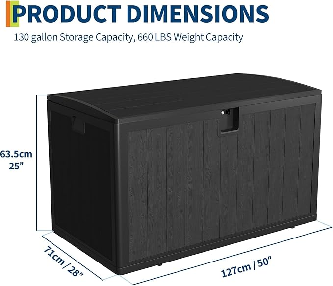 130 Gallon Outdoor Storage Box, Waterproof Deck Box, Lockable Storage Bin, Suitable for Patio Furniture, Pool Accessories, Gardening Tool, Faux Wood Grain Black