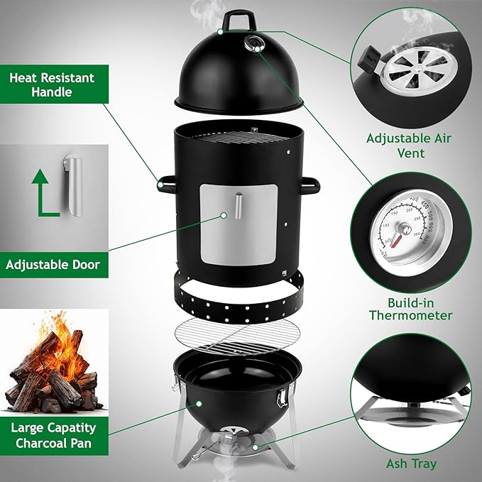 19 Inch BBQ Smoker Grill, 3-in-1 Vertical Charcoal Smoker, Heavy Duty Outdoor Bullet Smokers for Meat with Built-In Thermometer, Air Vent, And 2 Access Doors, Idea for Parties, Backyard, Barbecues