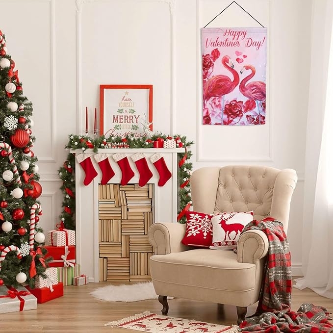 Happy Valentine'S Day Flamingo Rose Garden Flag Welcome Party Outdoor Outside Decorations Picks Home House Garden Yard Decor 12x18 Inch