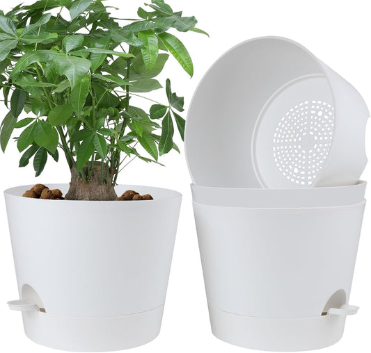 12 Inches Indoor Self Watering Planters with Drainage Holes and Saucers, 4 Pack (White)