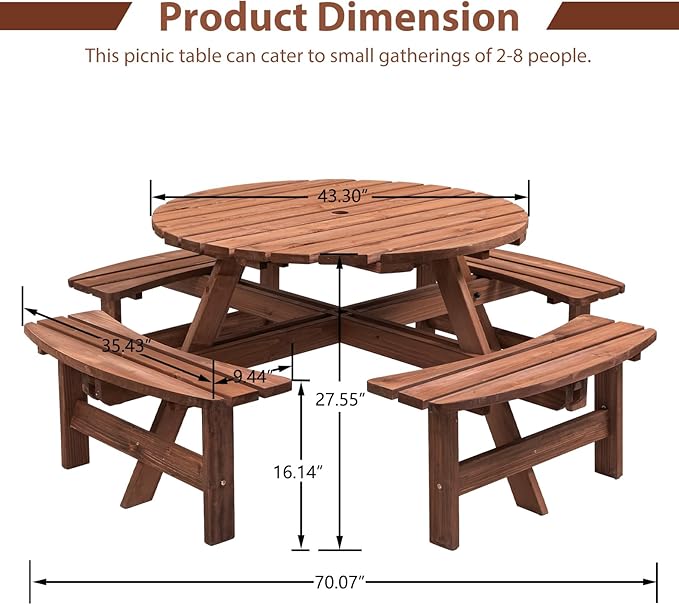 8-Person Round Wooden Picnic Table with Seat, Outdoor Camping Dining Table with 4 Built-in Benches, Brown