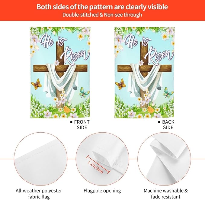 Christian Easter He Is Risen Cross Spring Garden Flag Welcome Party Outdoor Outside Decorations Picks Home House Garden Yard Decor 12x18 Inch