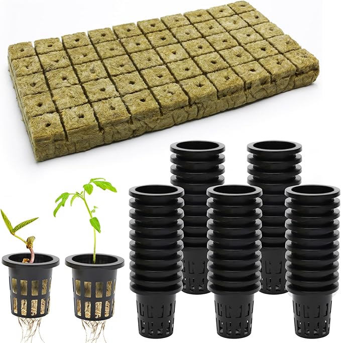 100 Pcs Rockwool Cube for Hydroponics with Net Pot, 50P 1Inch Rockwool Stonewool Plug & 50P 1.5Inch Net Cup for Seed Starter Soilless, Hydroponics, Plant Germination Start (Black)