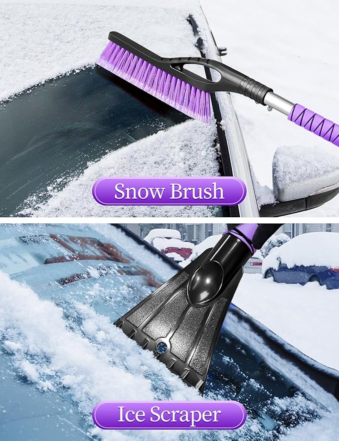 HEEYA 2 Pack 27 Inch Ice Scraper and Brush for Car, Snow Brush and Ice Scraper with Foam Grip, Detachable Snow Scraper for SUV Truck Jeep Vehicle Auto Windshield Window - Purple & Blue
