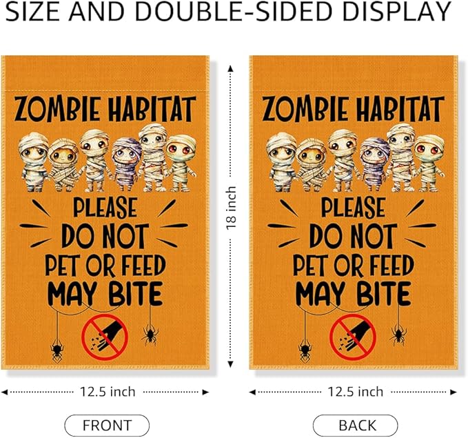Zombies Habitat Please Do Not Pet Or Feed May Bite Garden Flag, Zombies Welcome Halloween Flag, Funny Skull Yard Sign for Outside, Spooky Season Outdoor Porch Lawn Fall Halloween Decor